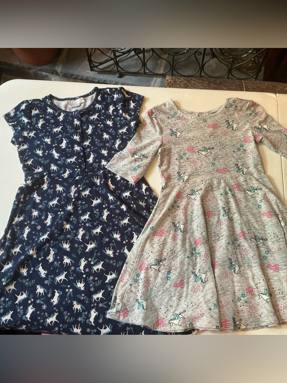2 Girls 10 Falls Creek Girls Unicorn Print Dresses - Navy & Gray
